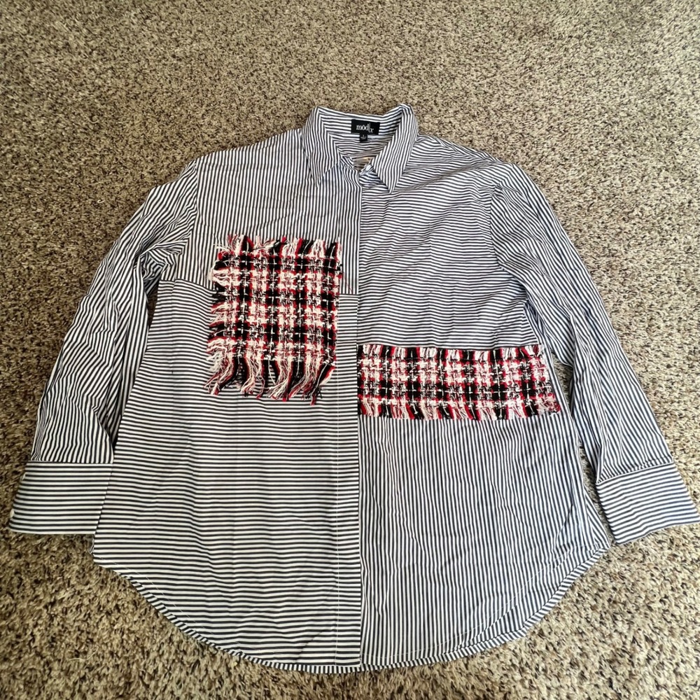 MODX Striped‎ Patchwork Tweed Fringe Button Up Shirt Women's Size L